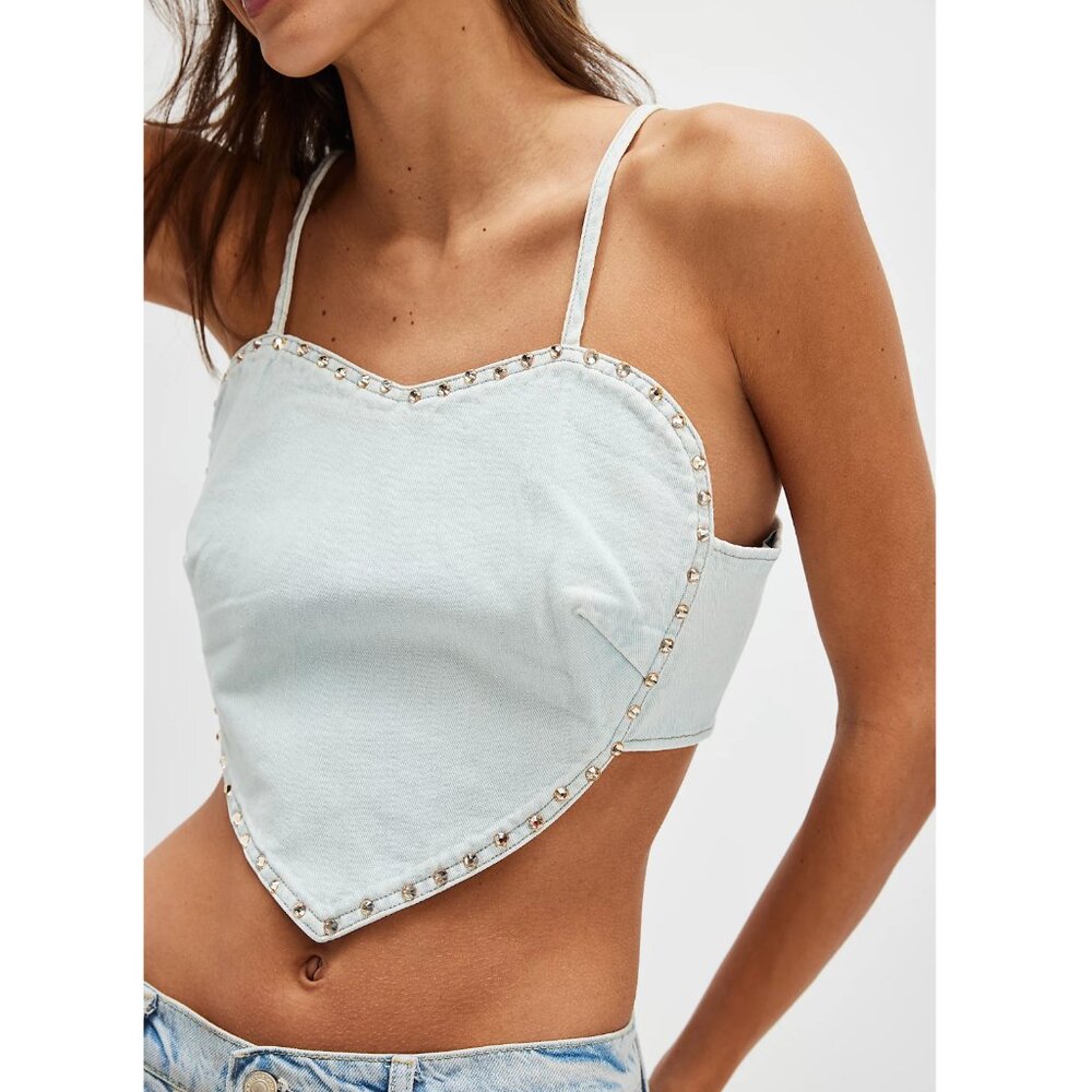 One Teaspoon Denim Heart Le Surf Crop Top Smocked Back Adjustable Straps Studded